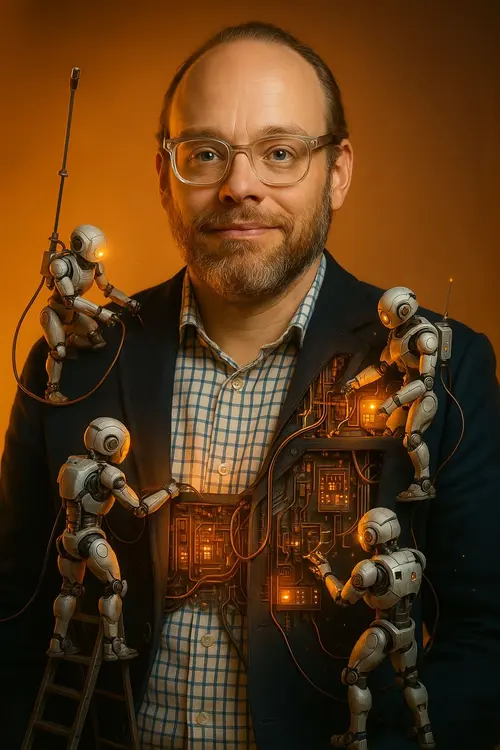 Esteban Rey rodeado de robots en plena acción.